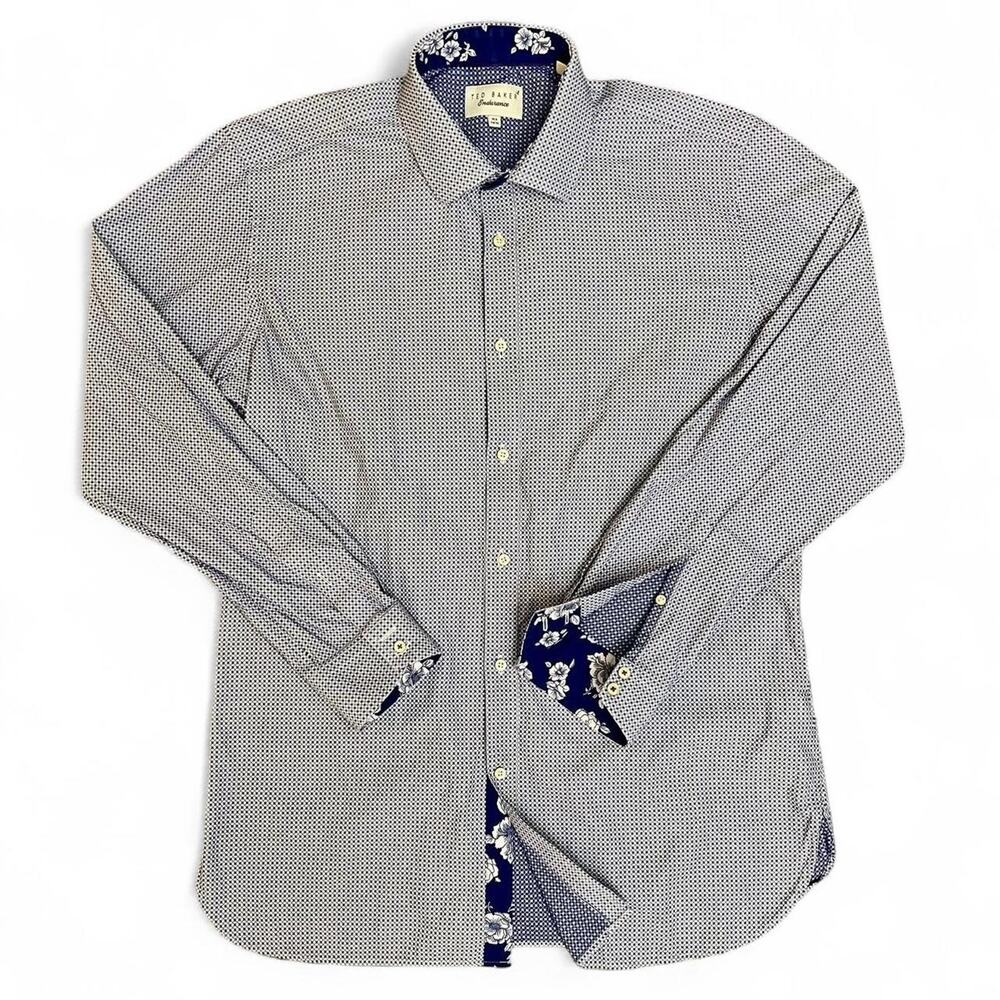 Ted Baker Endurance Blue & White button up shirt floral print Sz Large